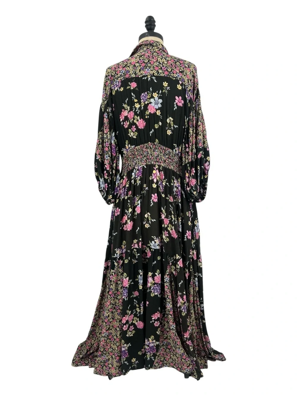 Free people, Maxi floral Bohemian Buttoned Puff Sleeve Black & Pink Dress M